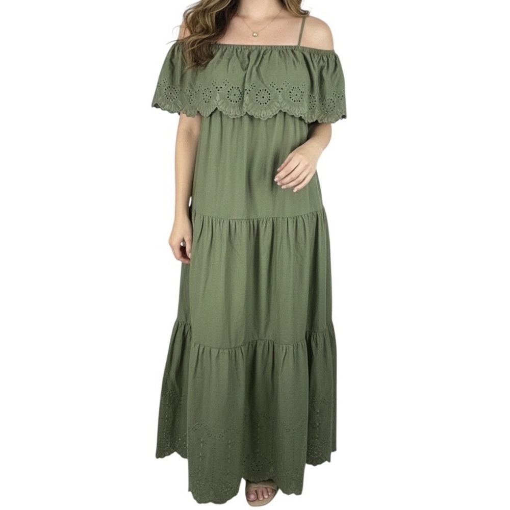 Old Navy Olive Green Eyelet Tiered Off Shoulder Women Boho Maxi Dress Size S